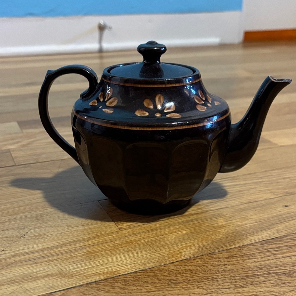 Vintage Ceramic Hand Decorated Teapot Made In England, Dark Brown